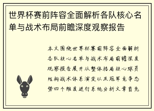 世界杯赛前阵容全面解析各队核心名单与战术布局前瞻深度观察报告