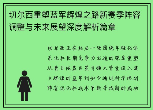 切尔西重塑蓝军辉煌之路新赛季阵容调整与未来展望深度解析篇章